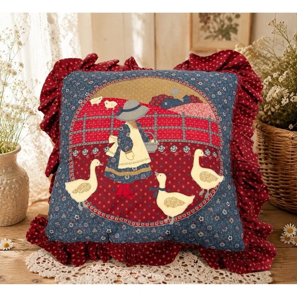 Vintage Throw Pillow Girl Feeding Ducks Geese Holly Hobbie Style Cottagecore